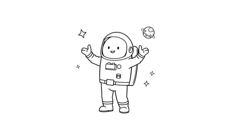Un simpático astronauta de Among Us listo para colorear en una placa de color, con estrellas y un planeta anillado.