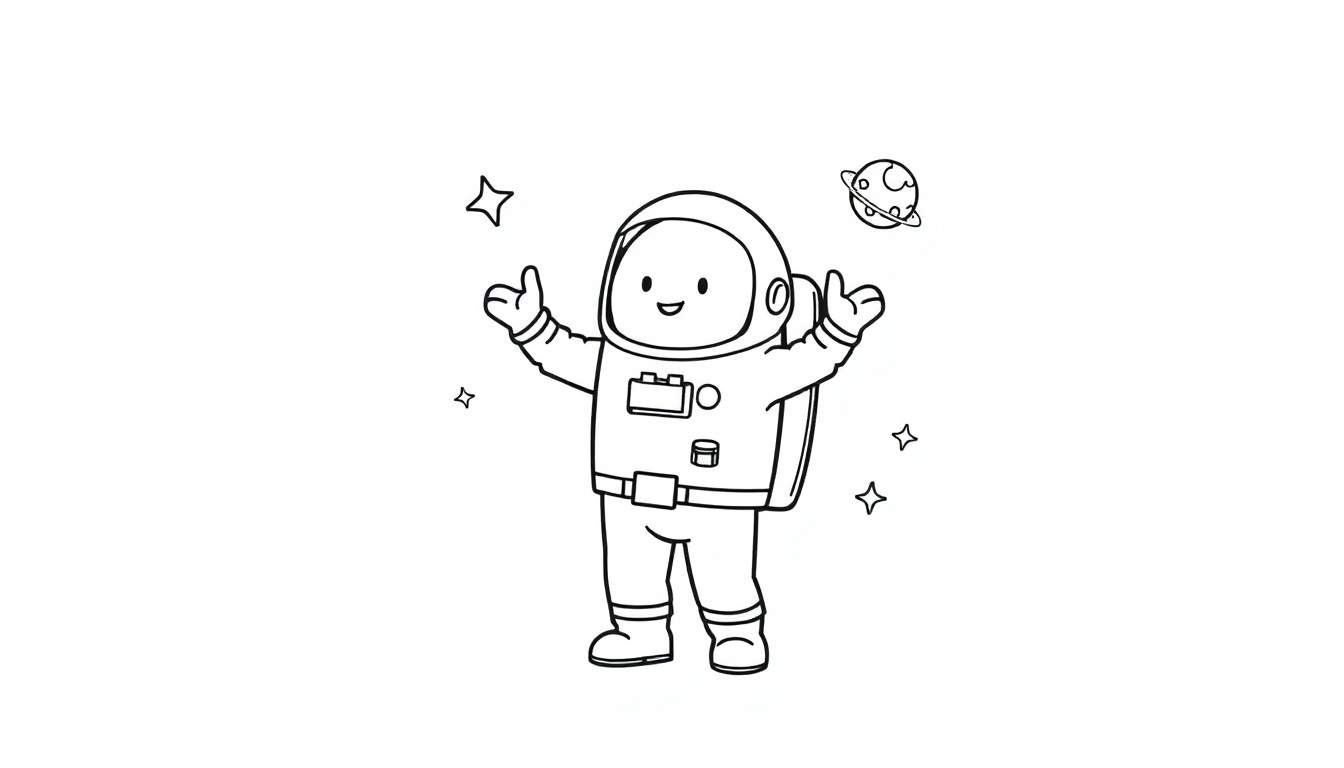 Un simpático astronauta de Among Us listo para colorear en una placa de color, con estrellas y un planeta anillado.
