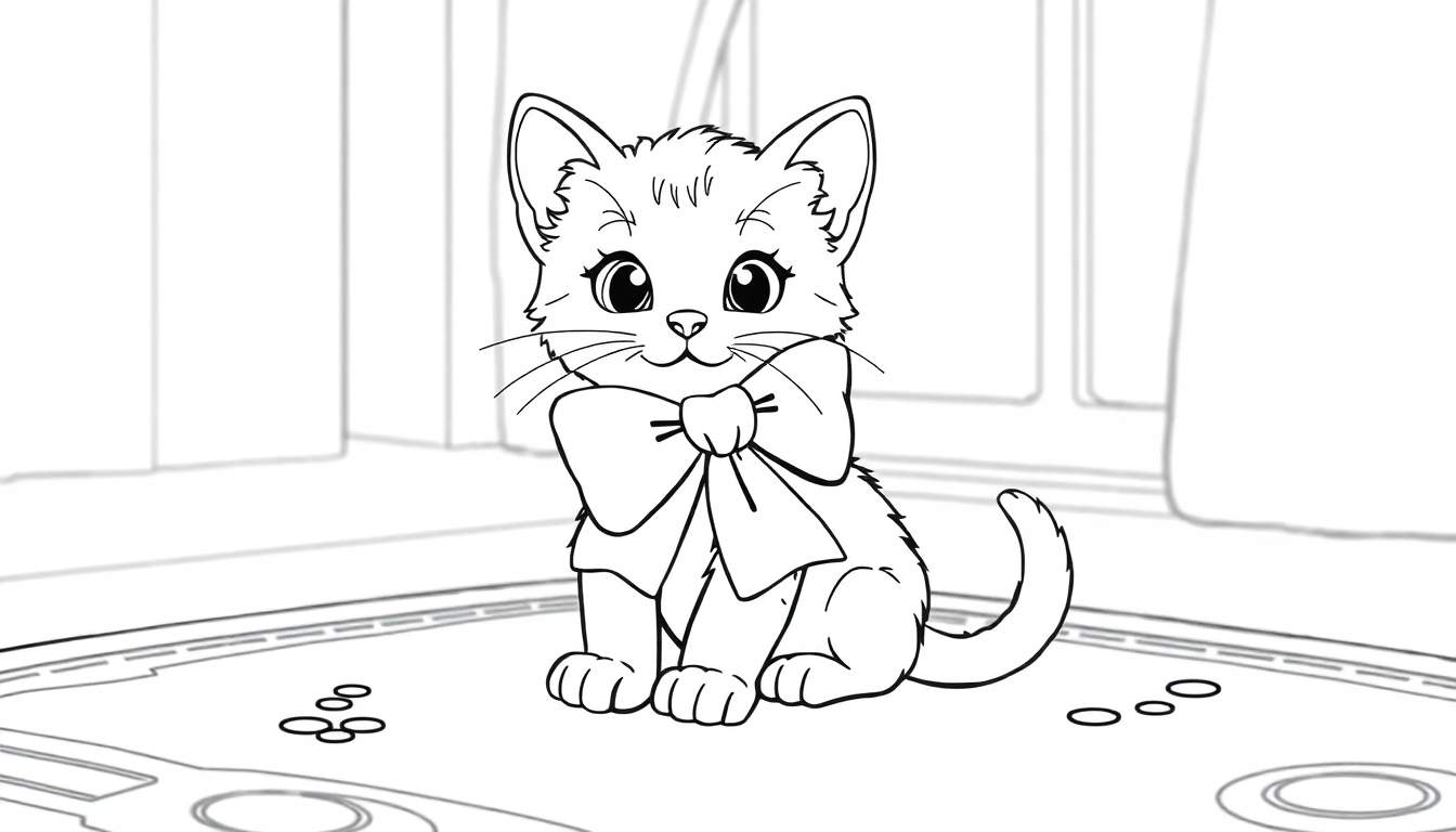Placa de color de un lindo gatito sentado con un lazo.