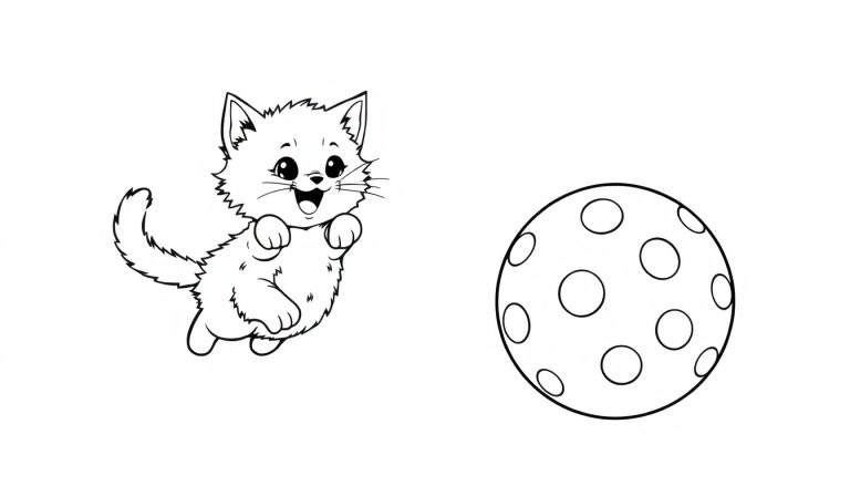 Placa de color: un gatito adorable salta hacia una pelota de lunares.
