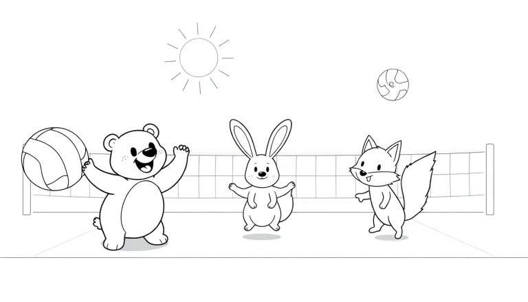 Dibujo lineal de animales jugando voleibol en una cancha soleada. Un oso, un conejo y un zorro con una placa de color. Un sol sonriente y una pelota en el cielo.