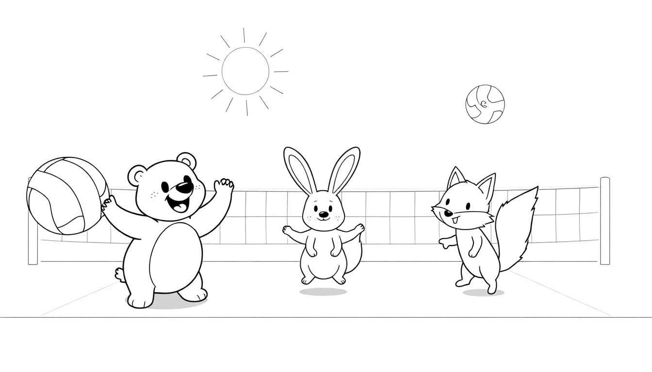 Dibujo lineal de animales jugando voleibol en una cancha soleada. Un oso, un conejo y un zorro con una placa de color. Un sol sonriente y una pelota en el cielo.