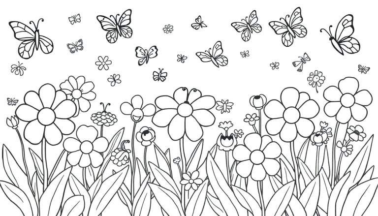 Una placa de color con un jardín de flores y mariposas en blanco y negro para pintar.