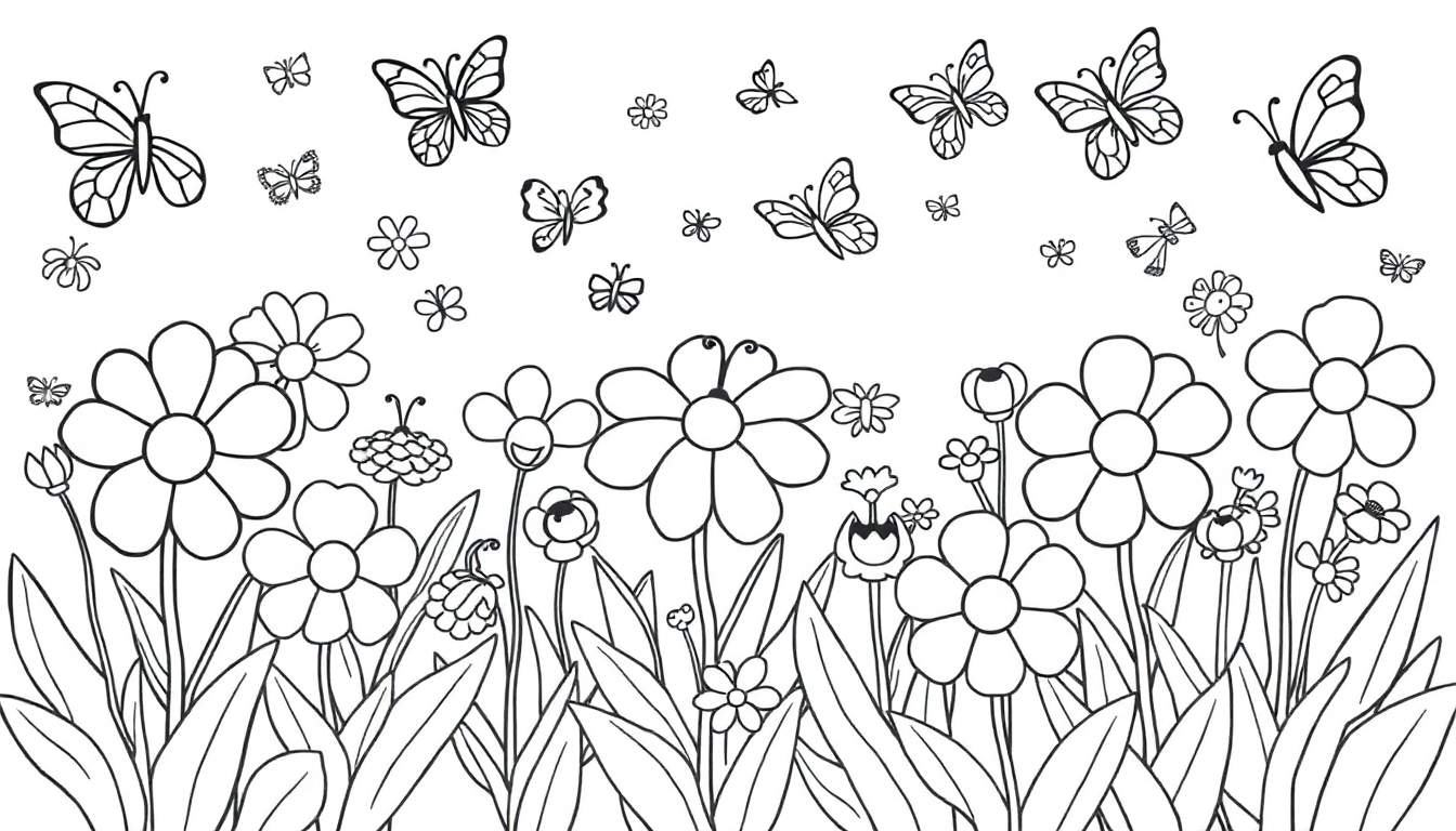 Una placa de color con un jardín de flores y mariposas en blanco y negro para pintar.