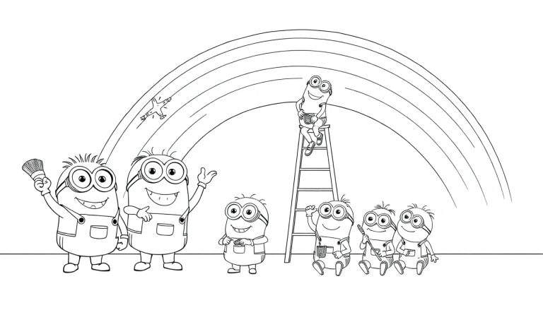 Placa de color con Minions pintando un arcoíris.