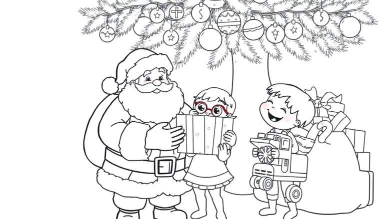 Placa de color de Navidad: Papá Noel sonriente con regalos y niños.
