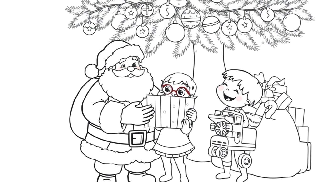 Placa de color de Navidad: Papá Noel sonriente con regalos y niños.