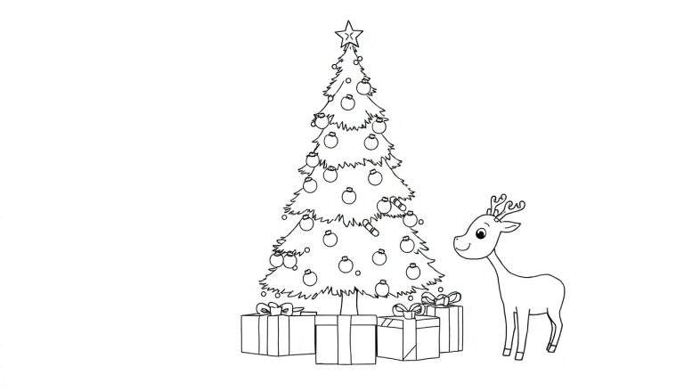 Placa de color de Navidad con un árbol de Navidad decorado, regalos y un ciervo amigable.
