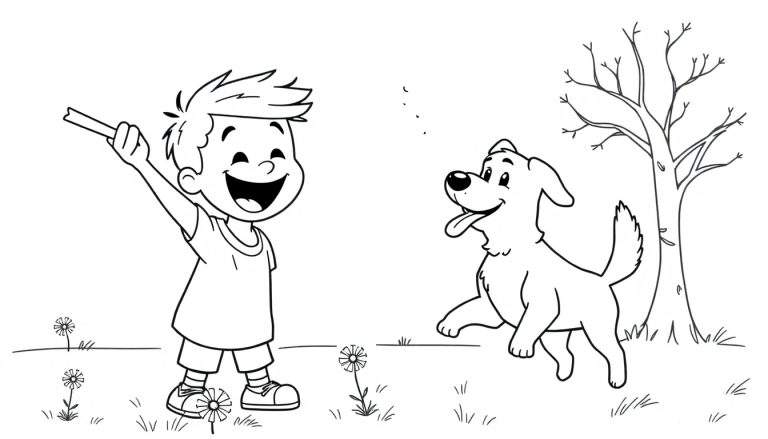Placa de color: niño y perro jugando en el parque.