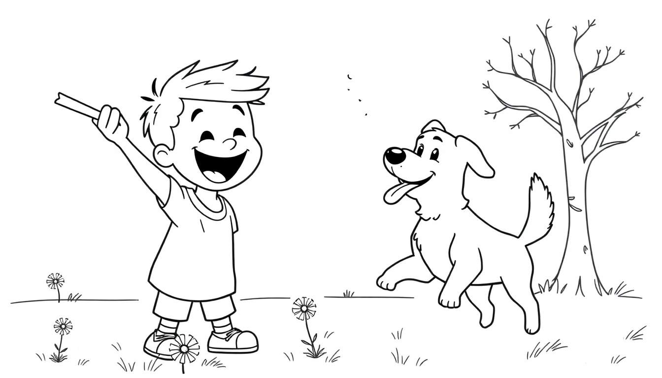 Placa de color: niño y perro jugando en el parque.