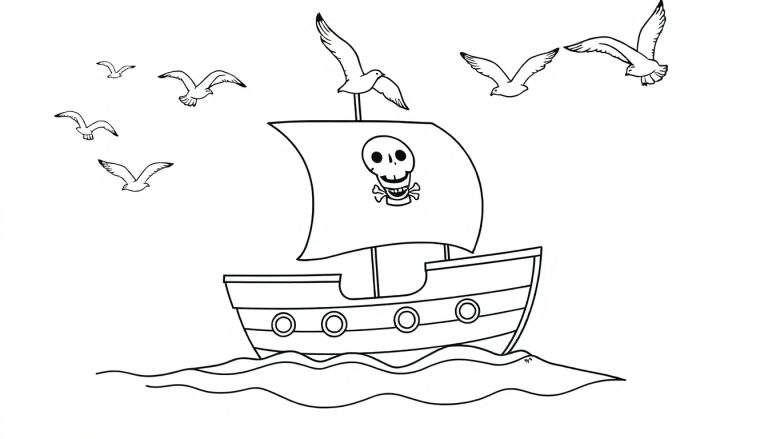 Placa de color de un barco pirata amigable en el mar con gaviotas.
