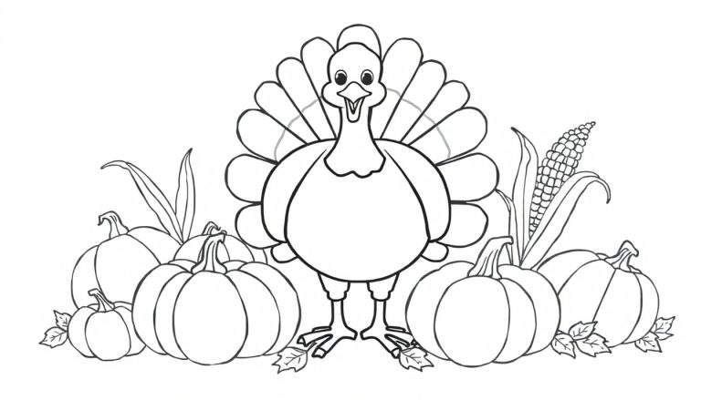 Placa de color de Acción de Gracias con un pavo amigable y dibujos de maíz y calabazas.
