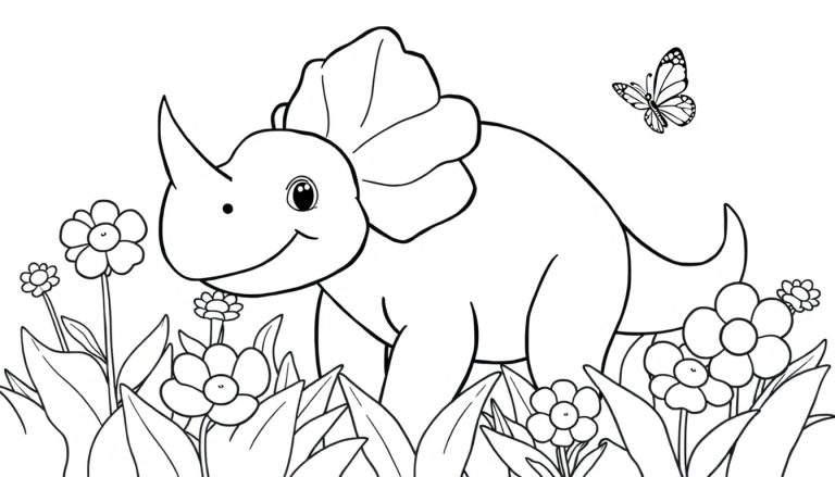 Un dinosaurio Triceratops simpático para colorear con un cuerno en la nariz y una aleta alrededor del cuello, rodeado de flores y una mariposa, página para colorear en blanco y negro.