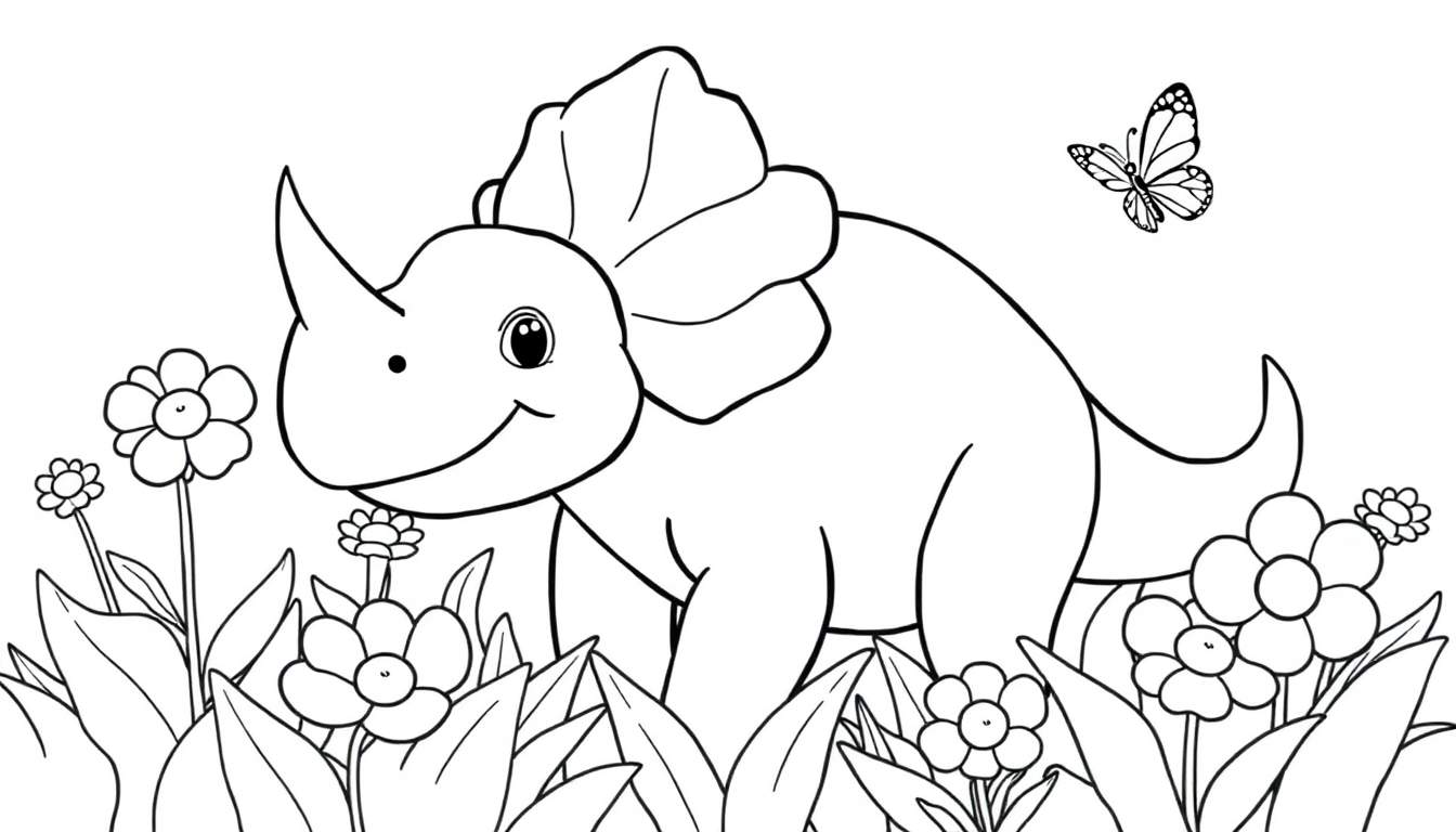 Un dinosaurio Triceratops simpático para colorear con un cuerno en la nariz y una aleta alrededor del cuello, rodeado de flores y una mariposa, página para colorear en blanco y negro.
