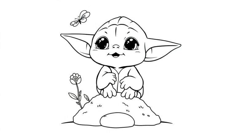 Página para colorear de un adorable bebé Yoda con orejas grandes y ojos curiosos, listo para la aventura, sobre una placa de color.