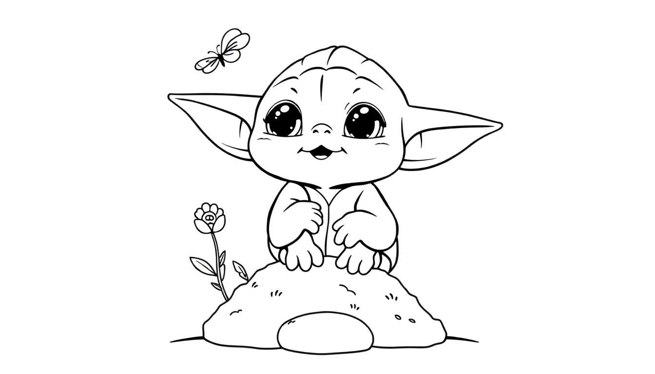 Página para colorear de un adorable bebé Yoda con orejas grandes y ojos curiosos, listo para la aventura, sobre una placa de color.