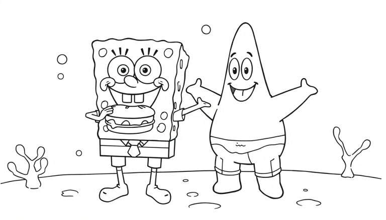 Placa de color de Bob Esponja y Patricio con una hamburguesa en Fondo de Bikini.