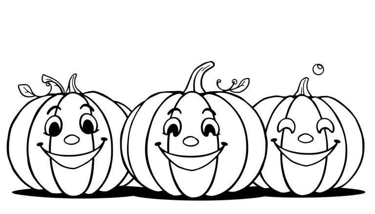 Placa de color de tres calabazas de dibujos animados sonrientes.
