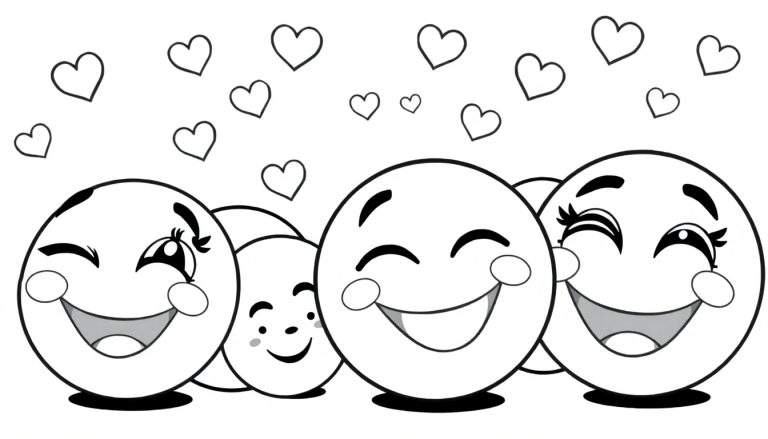Placa de color con cuatro caras sonrientes y corazones.