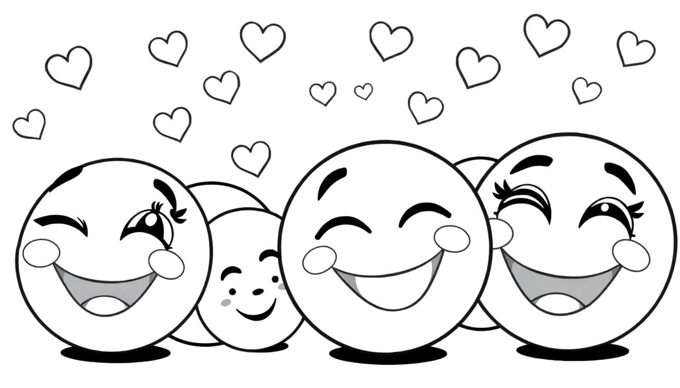 Placa de color con cuatro caras sonrientes y corazones.