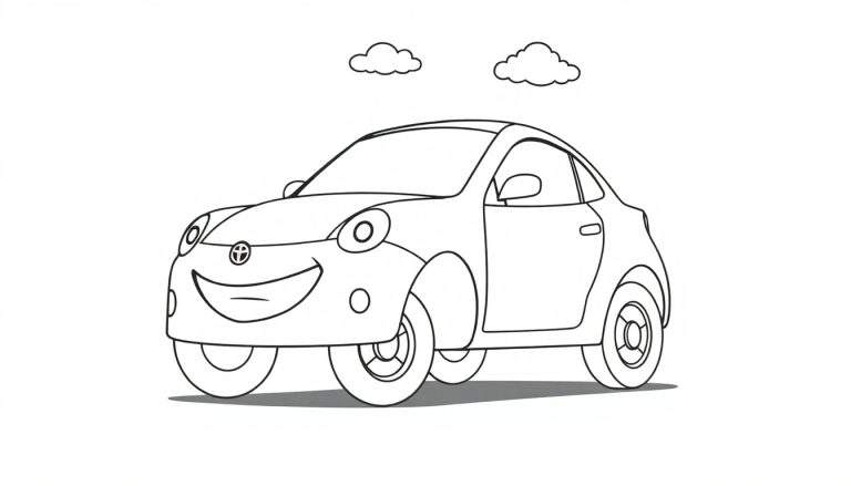 Un coche Toyota sonriente listo para colorear en una placa de color, con ruedas grandes sobre un fondo blanco.