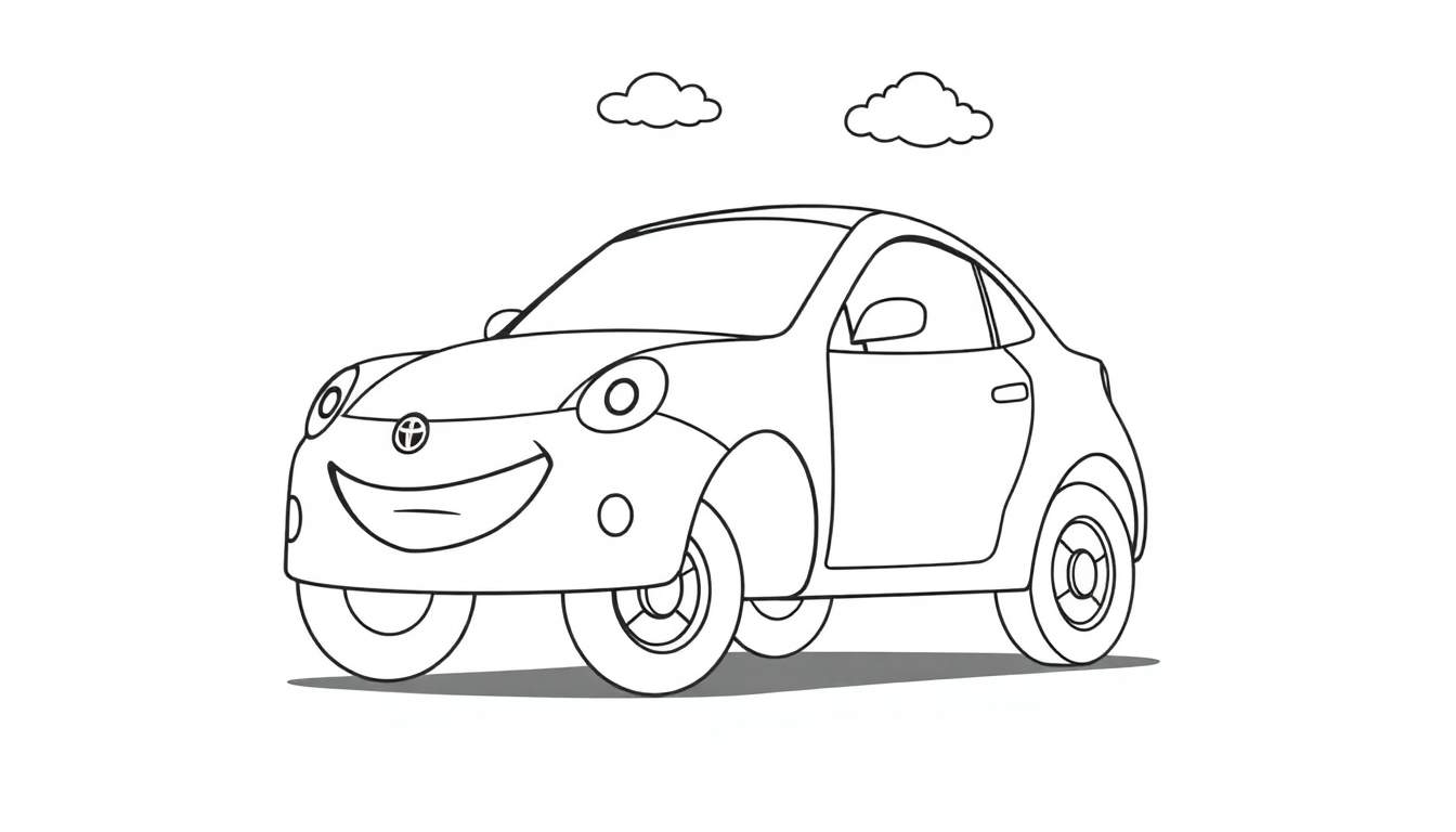 Un coche Toyota sonriente listo para colorear en una placa de color, con ruedas grandes sobre un fondo blanco.