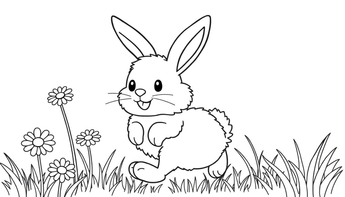 Un conejito de dibujos animados sonriendo en un campo de hierba con flores, listo para colorear en esta placa de color.