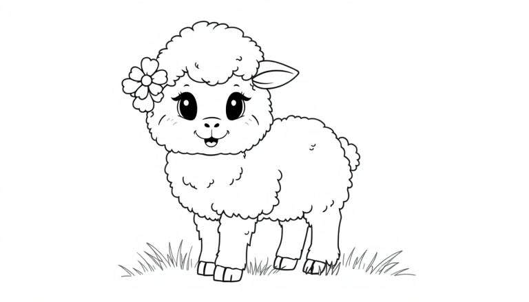 Un corderito de dibujos animados esponjoso con una flor, listo para colorear en una placa de color.
