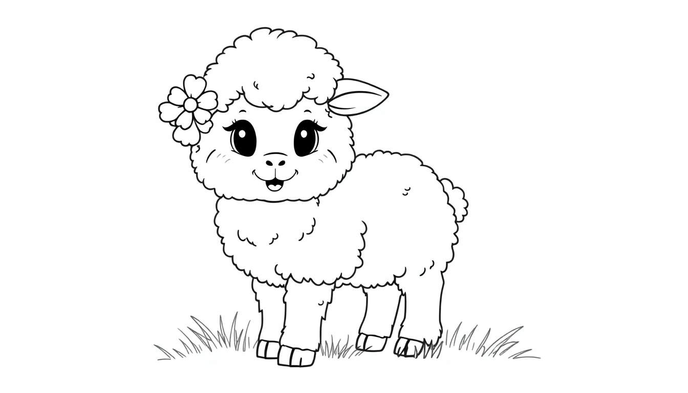 Un corderito de dibujos animados esponjoso con una flor, listo para colorear en una placa de color.