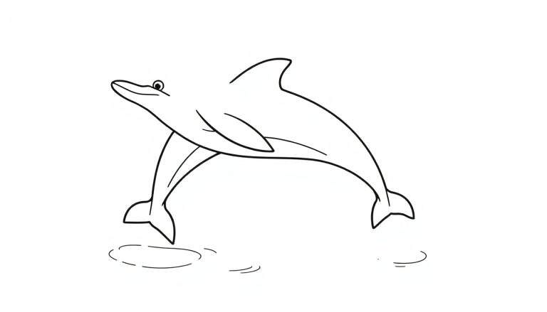 Un delfín sonriente salta fuera del agua, listo para ser coloreado en esta placa de color.