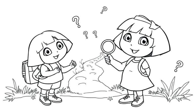 Dora la Exploradora lista para colorear con su mochila y una lupa, en una placa de color en blanco y negro.