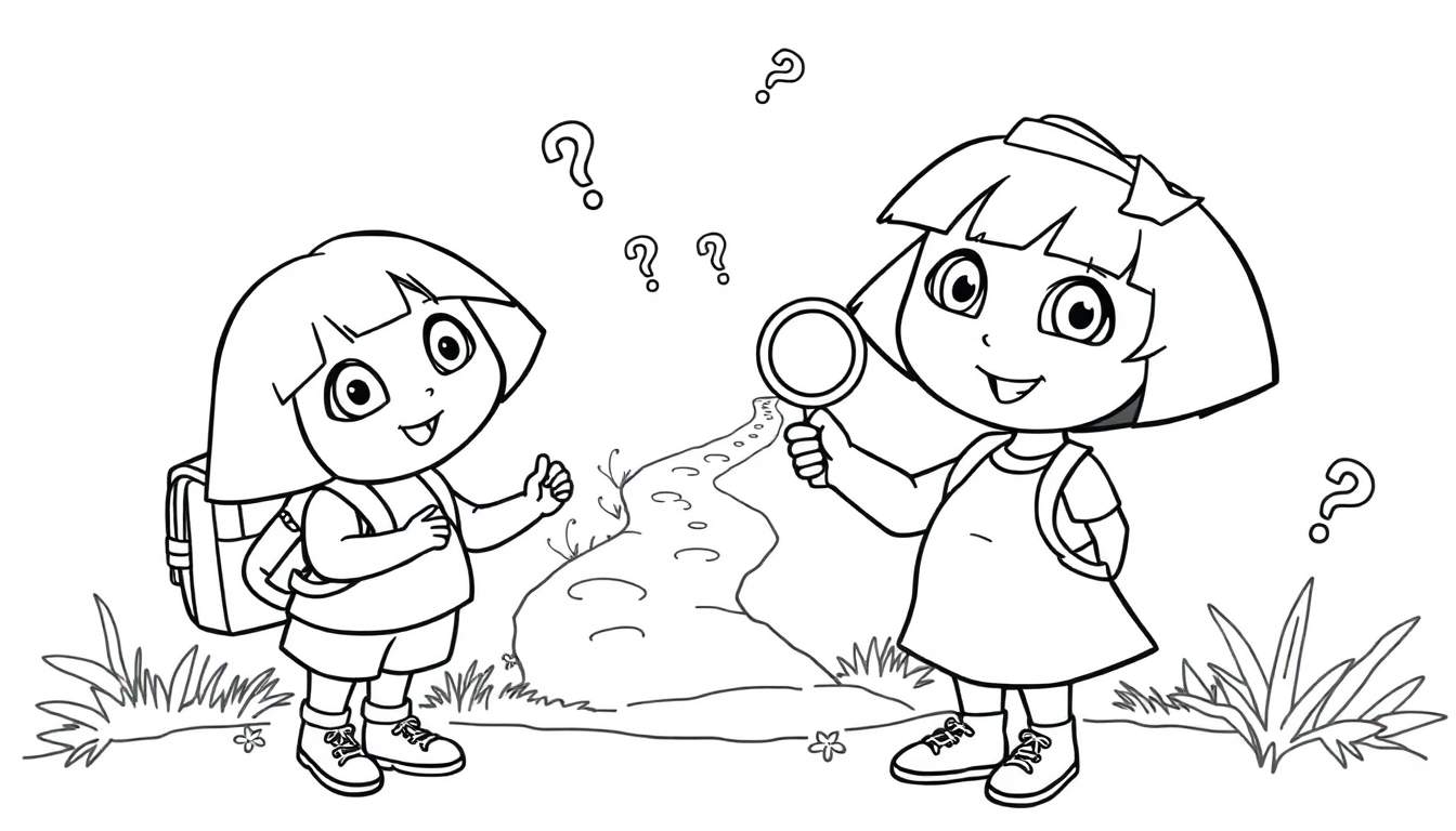 Dora la Exploradora lista para colorear con su mochila y una lupa, en una placa de color en blanco y negro.
