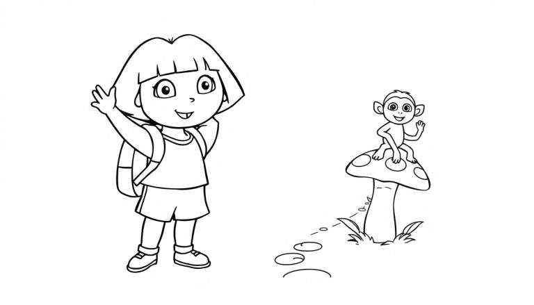 Placa de color en blanco y negro de Dora la Exploradora saludando, con Boots el mono sentado en un hongo.