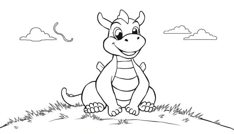 Placa de color de un dragón amigable sentado en un montículo de hierba, listo para ser coloreado.