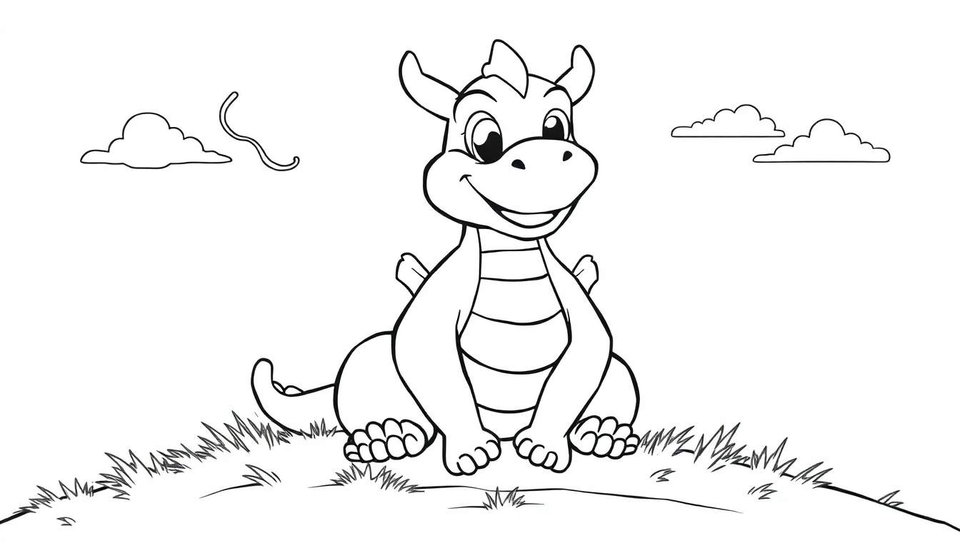 Placa de color de un dragón amigable sentado en un montículo de hierba, listo para ser coloreado.