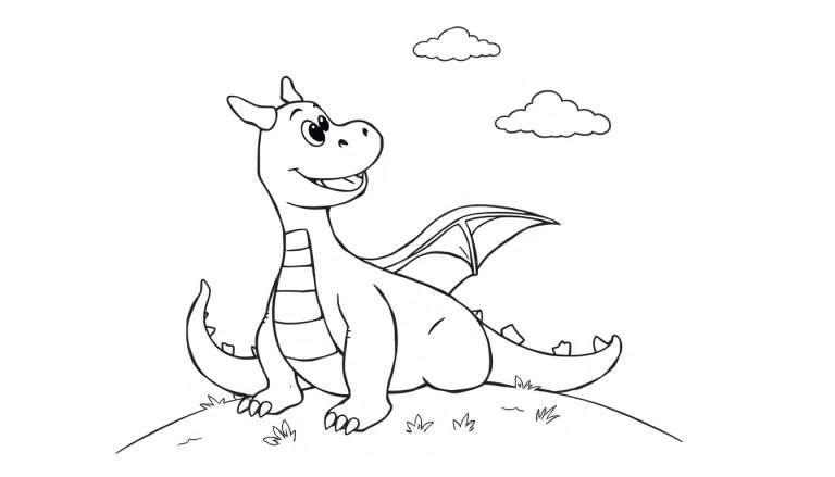Página para colorear de un dragón amigable sentado en una colina.