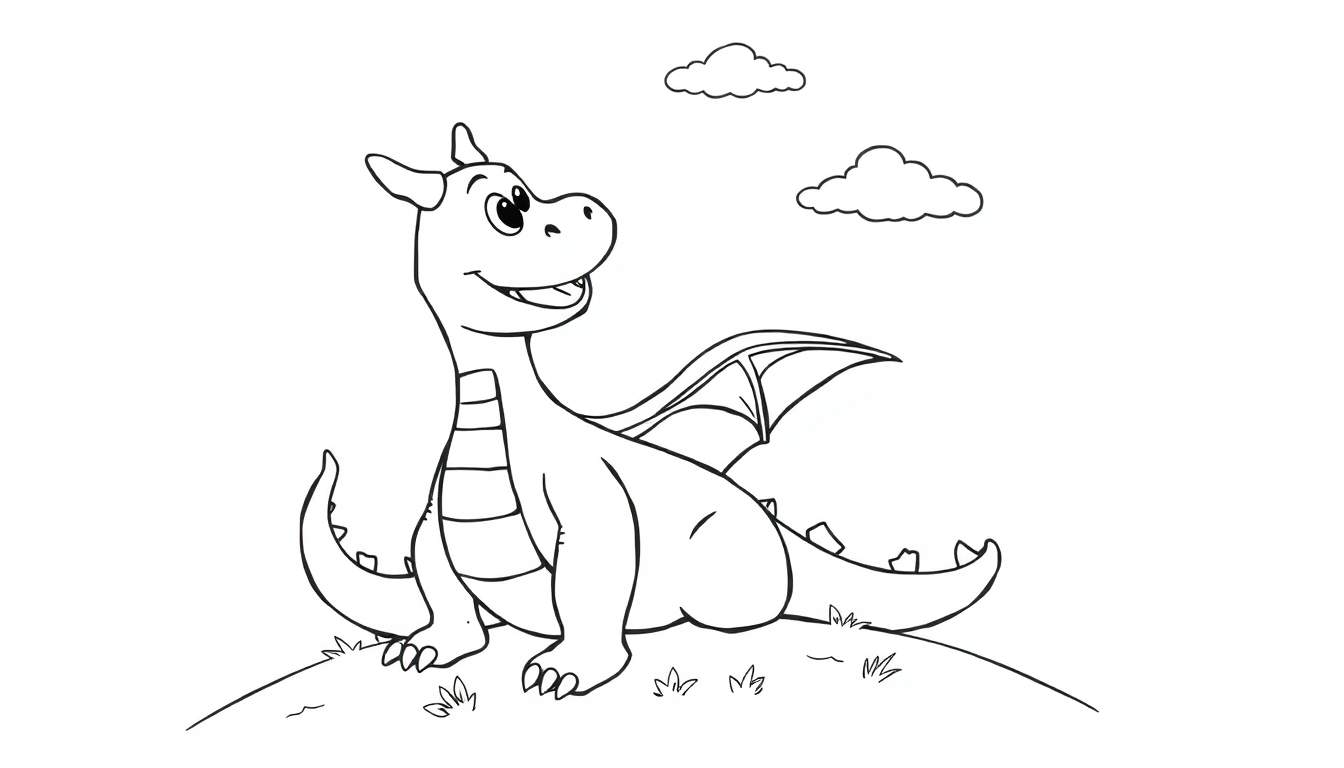 Página para colorear de un dragón amigable sentado en una colina.