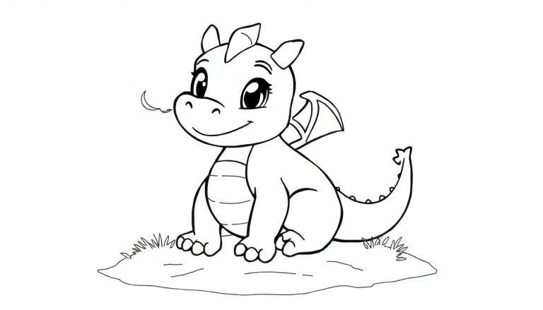 Placa de color de un lindo dragón de dibujos animados sentado en una colina.