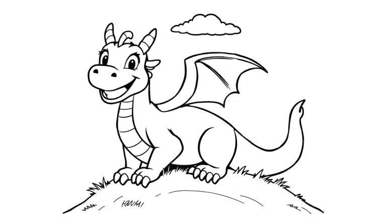 Dragón de caricatura amigable sentado en hierba, con la boca abierta en una gran sonrisa, listo para colorear con lápices de colores. Una pequeña nube flota sobre él. Diseño de línea simple para colorear.