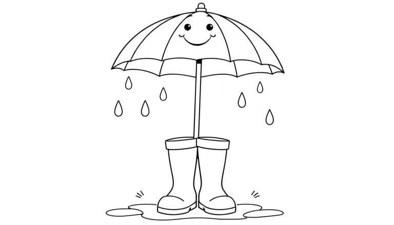 Una placa de color en blanco y negro de un paraguas sonriente con gotas de lluvia amigables cayendo sobre botas de agua alegres paradas en un charco.