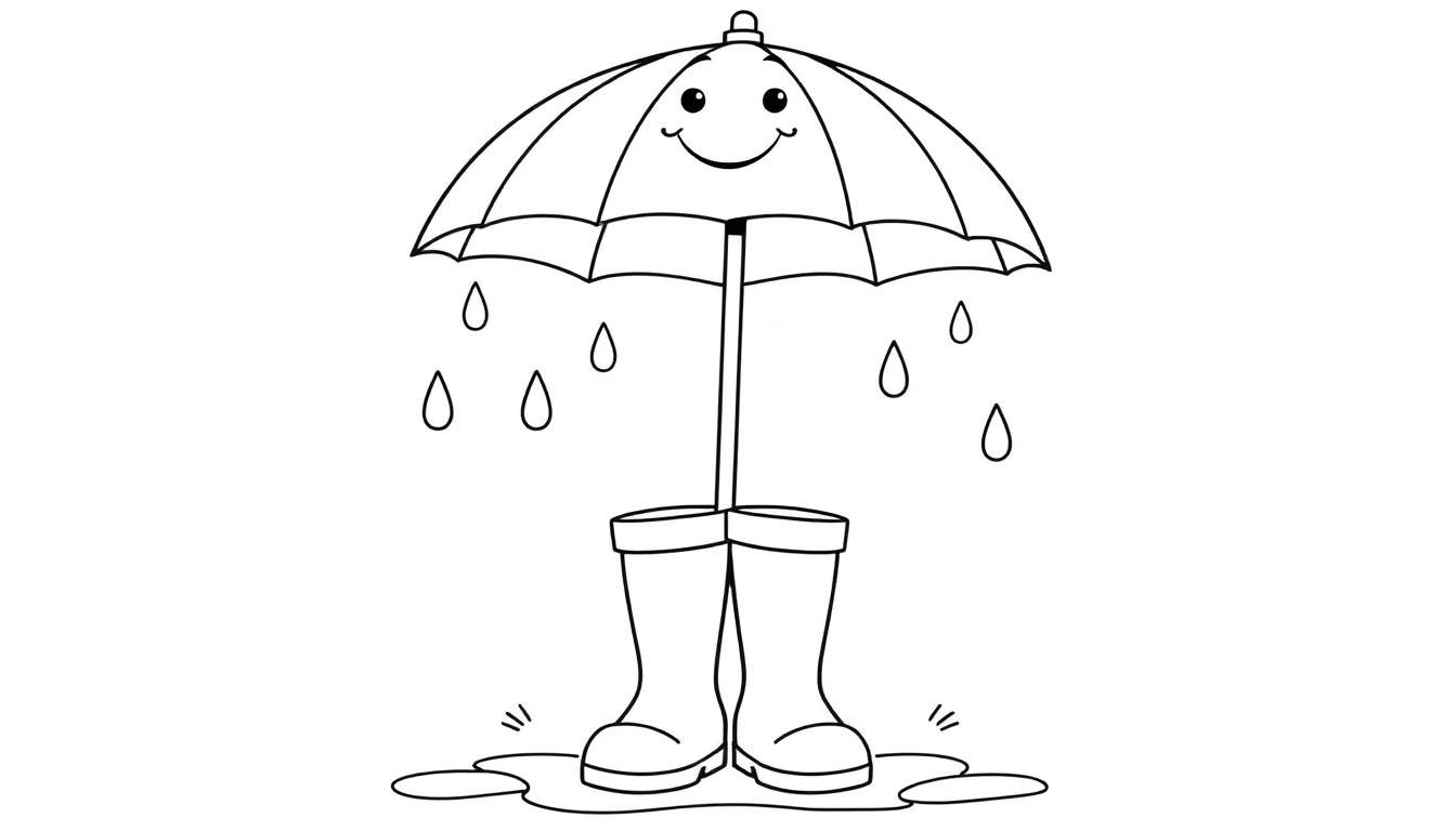 Una placa de color en blanco y negro de un paraguas sonriente con gotas de lluvia amigables cayendo sobre botas de agua alegres paradas en un charco.
