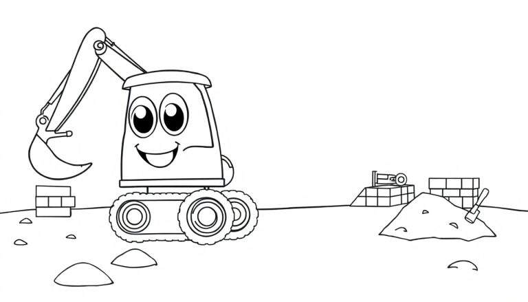 Una excavadora amigable de dibujos animados con ojos grandes y una sonrisa está trabajando en un sitio de construcción, con líneas gruesas y claras para colorear. La excavadora está cerca de una pila de ladrillos y arena, con una pala. Hay montones de arena adicionales esparcidos. ¡Lista para la placa de color!