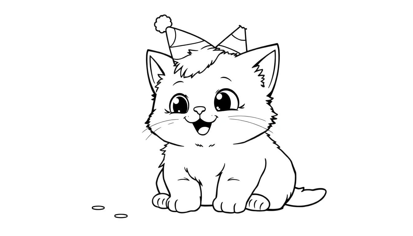 Una placa de color de un gatito de dibujos animados de blanco y negro con un gorrito de fiesta, sonriendo.