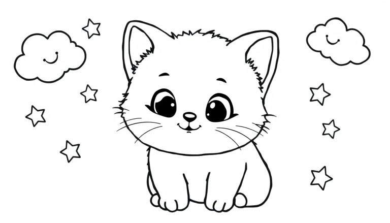 Una página para colorear de un gatito tierno sentado entre nubes sonrientes y estrellas brillantes. Es una placa de color para que los niños la disfruten.