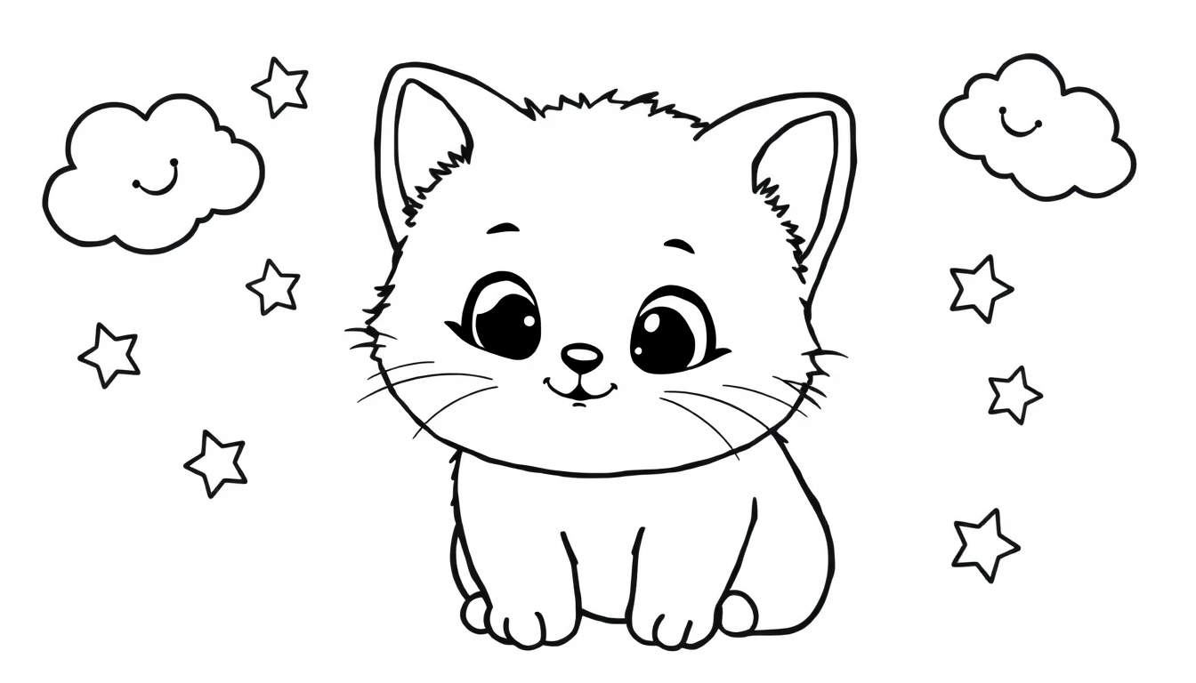 Una página para colorear de un gatito tierno sentado entre nubes sonrientes y estrellas brillantes. Es una placa de color para que los niños la disfruten.