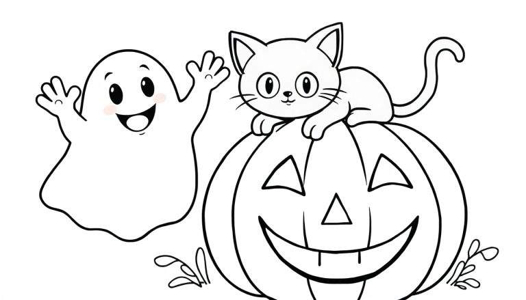 Placa de color de Halloween con un fantasma sonriente, un gato negro y una calabaza de Halloween.
