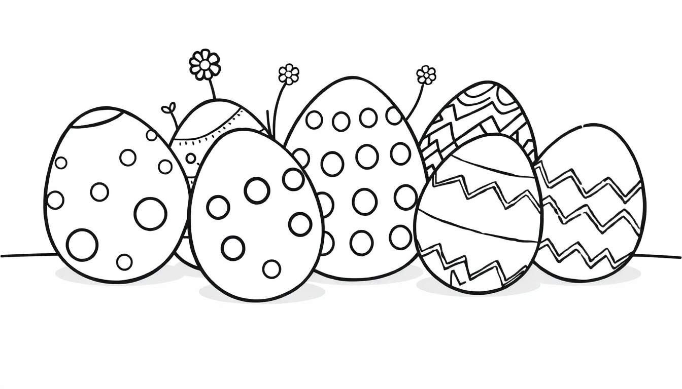 Placa de color de huevos de Pascua con contornos negros y flores, lista para colorear.