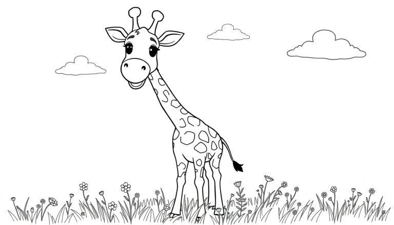 Una jirafa sonriente en blanco y negro, lista para colorear en una placa de color.