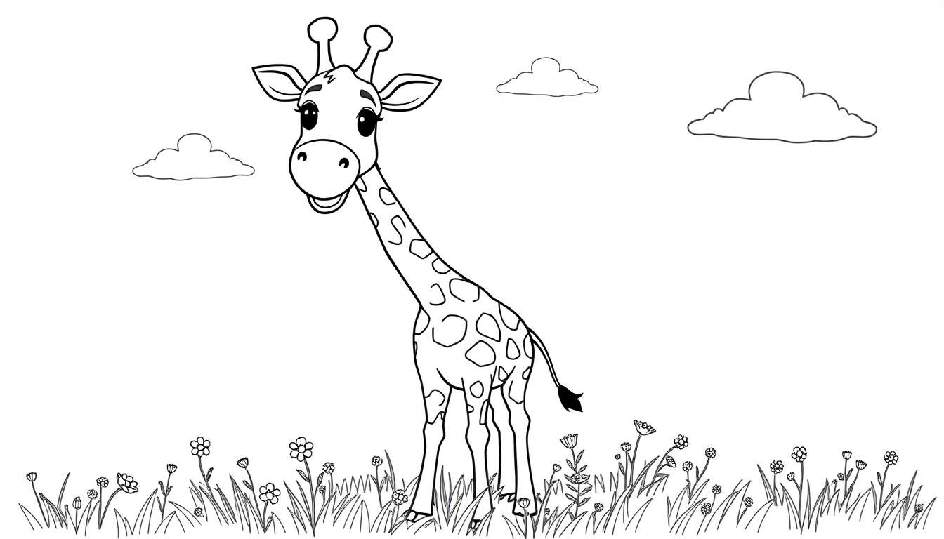 Una jirafa sonriente en blanco y negro, lista para colorear en una placa de color.