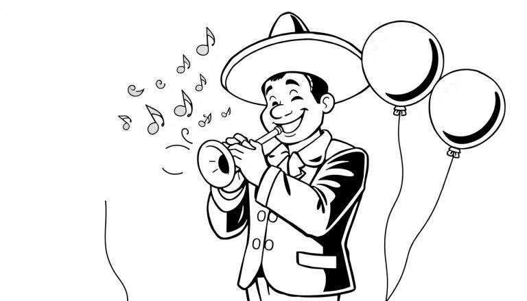 Dibujo de un mariachi tocando la trompeta con notas musicales y globos, listo para una placa de color.